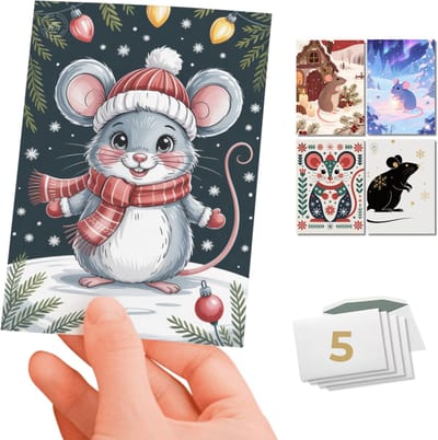 Inspra Studio – Luxe Kerstkaarten met Enveloppen – 5 Stuks – Dieren Wenskaarten Collectie – Mix van 5 Unieke Illustratiestijlen – Muis