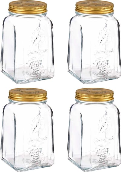 Pasabahce Voorraadpot/bewaarpot Square - 4x - glas - 1L - transparant/goud - D10 x H17 cm - voedsel bewaren