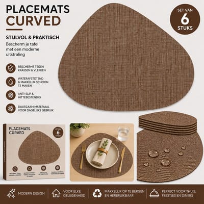 Wicotex - Placemats Zak curved Chocolade per 6 stuks - Placemats Taupe - Placemats antislip - Placemats afmeting 34x42cm