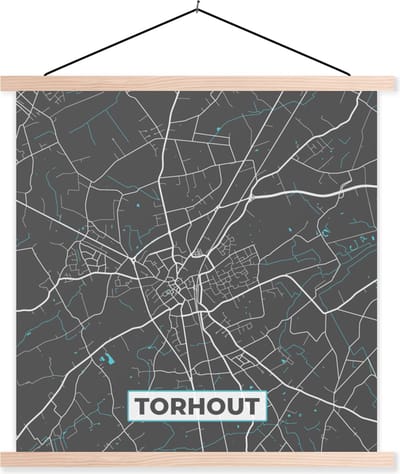 Posterhanger incl. Poster 40x40 cm - Schoolplaat - Plattegrond – Torhout – Blauw – Stadskaart - Kaart - België - Textielposter - Blanke latten - Stadskaart