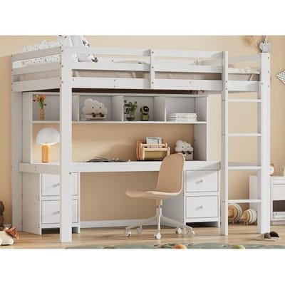 ModernLuxe Mezzaninebed 90x200cm - met bureau en 2 ladekasten - in massief grenen en MDF - Wit