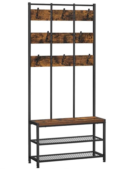 Nancy's Sinton Kapstok - Garderoberek - 8 Haken - Bank - 2 Roosterplanken - Metaal - Bewerkt Hout - Industrieel - Zwart - Bruin