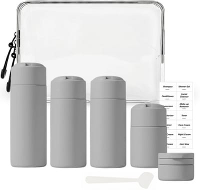 Tamarow Reisflesjes met Etui - 100ml Siliconen Reisflacons - 6-Delig - Reisaccessoires - Cosmetica Potjes - Reis Flesjes - Grijs