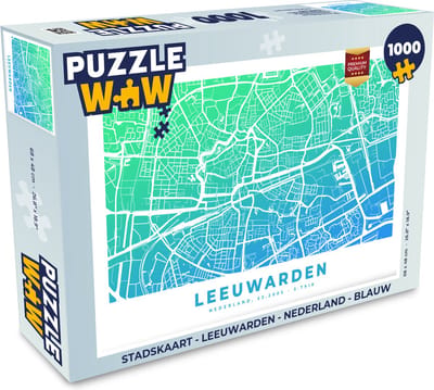 Puzzel Stadskaart - Leeuwarden - Nederland - Blauw - Legpuzzel - Puzzel 1000 stukjes volwassenen - Plattegrond