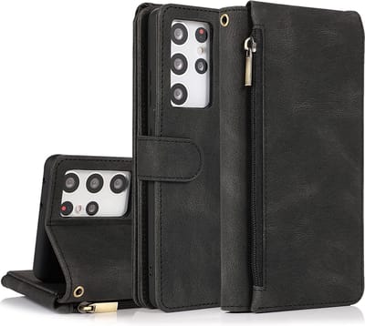 Casemania Hoesje Geschikt voor Samsung Galaxy S22 Ultra - Zwart - Luxe Portemonnee Book Case met Rits & Extra Vakken