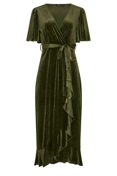 Yours London Groene Fluwelen Wikkeljurk Size 48