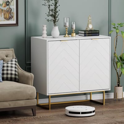 UEV Laag dressoir met 2 deuren, opbergkast met in 3 standen verstelbare plank, draagvermogen 65 kg, gouden metalen handgreep en poten, voor woonkamer, slaapkamer, studio, 80 x 40 x 77,5 cm (wit)