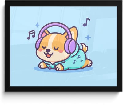 Poster in lijst - Fotolijst 40x30 cm - Posters - Corgi - Koptelefoon - Blauw - Muzieknoten - Posterlijst zwart - Decoratie - Wanddecoratie woonkamer - Muurdecoratie slaapkamer