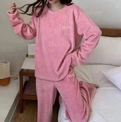 Winter Pyjama Set Dames Maat M | Flanellen O-hals Gestreepte Fleece Top & Elastische Taille Broek | Zachte Koraal Fleece Nachtkleding | Casual & Comfortabel | Dames Pyjama Set | Winter Pyjama | Lounge Wear | Nachtkleding Dames | Warme Pyjama
