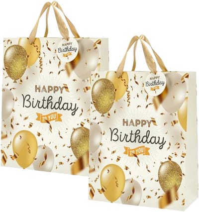 Cepewa verjaardag giftbags/cadeau tasjes - 2x - goud - papier - happy birthday - ballonnen - 25 x 32 x 12 cm