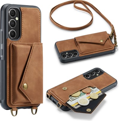 Casemania Hoesje Geschikt voor Samsung Galaxy S23 Plus - Sienna Brown - Luxe Backcover met Koord en Magnetische Sluiting - Portemonnee Wallet Case met Pasjeshouder en Opbergvak - Lanyard Telefoonhoes - Cord Case