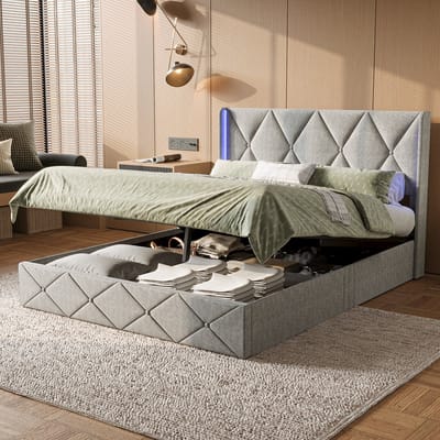 Gestoffeerd bed 160 x 200 cm, Hydraulisch opbergbed, Hoofdeinde met led-lichtstrips, Tweepersoonsbed, Europees bed, Grijs flanel