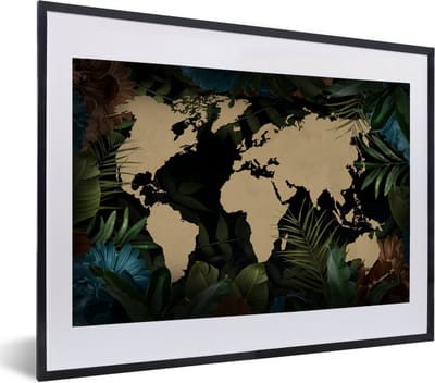 Poster in lijst - Fotolijst 60x40 cm - Posters - Wereldkaart - Tropische Planten - Bladeren - Posterlijst zwart - Decoratie - Wanddecoratie woonkamer - Muurdecoratie slaapkamer
