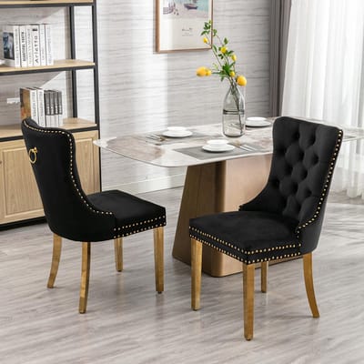 BLACKCOLORS Moderne eetkamerstoel van hoogwaardig fluweel met gouden roestvrijstalen poten en spijkerstof, set van 2, zwart en goud, DE1601BK