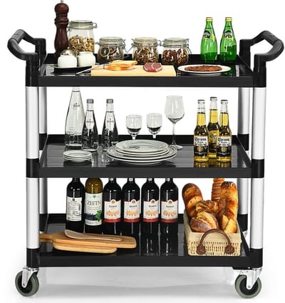 COSTWAY 3-traps serveerwagen, multifunctionele wagen met handgrepen en 4 wielen, multifunctionele wagen voor keuken, kantoor, thuiswerkplaats, keukentrolwagen, bijzetwagen, metalen trolley, zwart