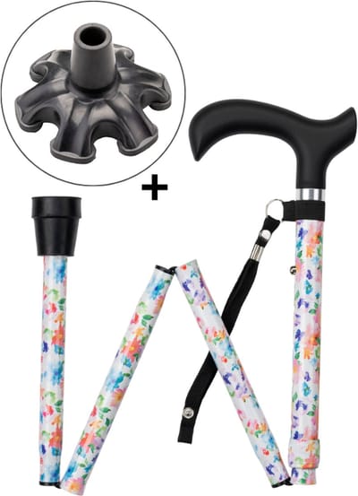Wandelstok opvouwbaar Bloemen met ergonomisch comfort handvat en polsbandje - Loopstok - Verstelbaar 82 - 94 cm - Lichtgewicht - Incl. 6-poot stokdop