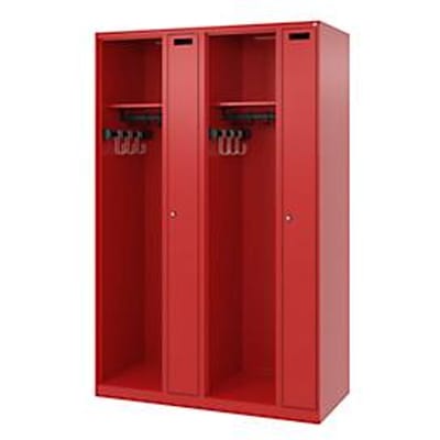 Brandweerkluis C+P Evolo Kombi, 4 vakken voor 2 personen, zonder helmhouder, vloerglijders, B 1200 x D 500 x H 1850 mm, RAL 3000 vuurrood