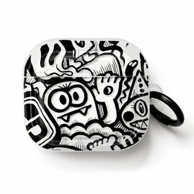 Enluxe Case geschikt voor Airpods 4 - Zwart Wit Doodle Art - Hardcase met Karabijnhaak, Schokbestendig Hoesje