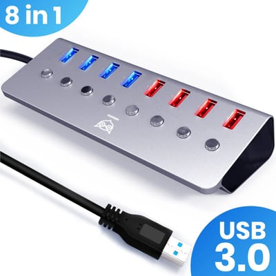 Good2know USB hub 3.0 – USB splitter – 8 poorten – 5 Gbps – Led indicator – Aan/Uit knop – 100CM Kabel – Aluminium Behuizing