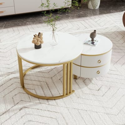 REDOM Set van 2 salontafels, rond, 70x70x46 cm + 50x50x40 cm van MDF en metaal, marmerpatroon en hoogglans