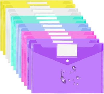 12 Stuks Plastic Enveloppen - Duidelijke Documentmappen met Drukknop en Labelvak voor A4 Papieropslag, Ideaal voor Kantoor en School, Verkrijgbaar in 6 Kleuren