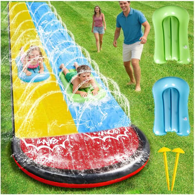 480 cm Glijbaan En 2 Bodyboards,Gazonwaterglijbaan Met Ingebouwde Watersproeifunctie,Dubbele Racebaan,Geschikt Voor Kinderen En Volwassenen,Zomerse Waterspeeltuin In De Tuin,Buitenspeelgoed