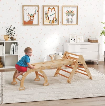 MEUNIQ 7-in-1 houten klimrek met driehoeksladder, klimboog, glijbaan en klimwand, opvouwbaar Montessori speeltoestel voor binnen, kinderkamer, naturel