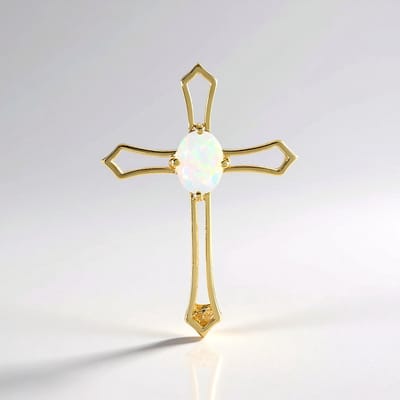 Cavill - Zilveren Hanger 925 Sterling Zilver Verguld - Welo-opaal 0,707 ct Ovaal 8x6mm - Modern Kruis Design - Kleurrijke Ethiopische Opaal Sieraad