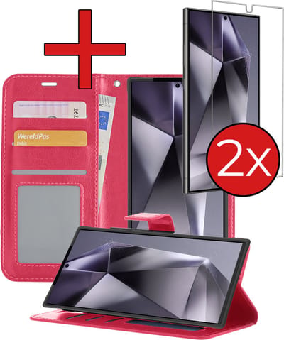 Hoesje - Met 2x Screenprotector - Geschikt voor Samsung Galaxy S24 Ultra - Luxe Pasjeshouder - Flip Case - Bookcase Portemonee - Kunstleer Book Case - Flipcase Hoes - Book Cover - Walletcase - Portemonneehoes - Telefoonhoes - Donkerroze