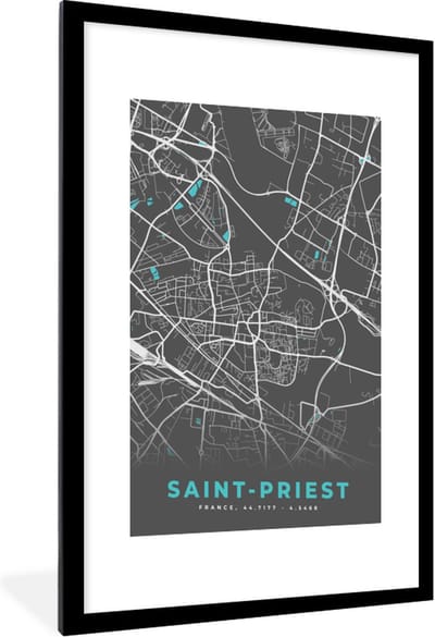 Fotolijst incl. Poster - Saint-Priest - Stadskaart - Kaart - Plattegrond - Frankrijk - 60x90 cm - Posterlijst