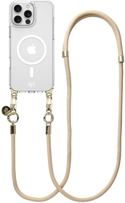 AVY Hoesje geschikt voor Apple iPhone 14 Pro Max | Compatibel met MagSafe | Clear Case met Telefoonkoord 130CM | Crossbody Tressé Beige
