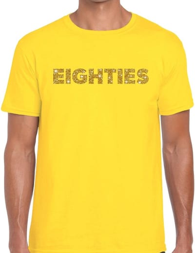 Eighties goud glitter tekst t-shirt geel heren - Jaren 80/ Eighties kleding S