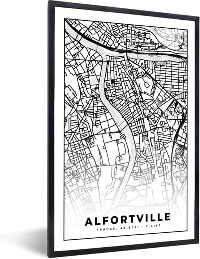 Fotolijst incl. Poster Zwart Wit- Stadskaart - Frankrijk - Kaart - Plattegrond - Alfortville - Zwart wit - 40x60 cm - Posterlijst
