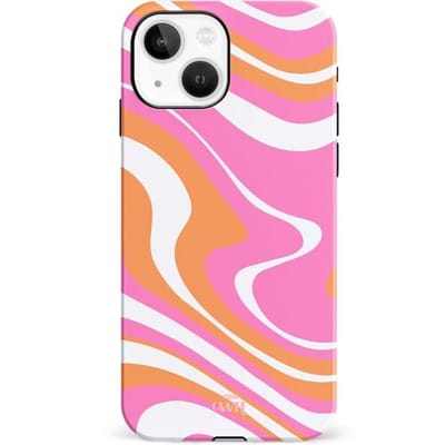 xoxo Wildhearts Chasing Sunsets - Double Layer - Hoesje geschikt voor iPhone 13 case - Siliconen hoesje met golvenprint - Golven - Hardcover - Beschermhoes - Optimale bescherming - Beige - Oranje - Roze