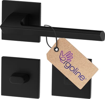 ERGO line Zwarte Deurbeslag QUANTO, Deurbeslag set Binnendeur, Deurklink Set, Deurklink Op Vierkante Rozet met WC-rozet/badkamer, Mat Zwart, Deurkruk, Incl. Bevestigingsmateriaal - Terugslagveer