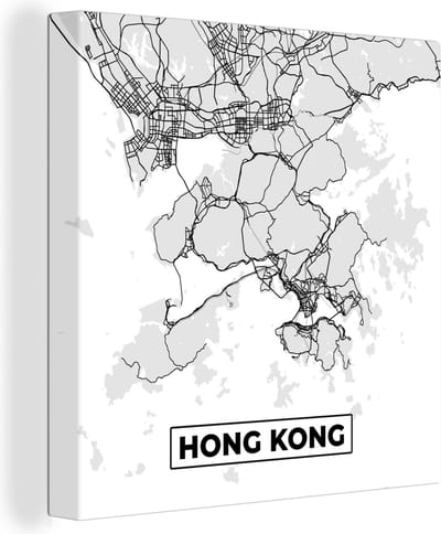 Canvas Schilderij Hong Kong - Stadskaart - Zwart Wit - Plattegrond - Kaart - 20x20 cm - Wanddecoratie