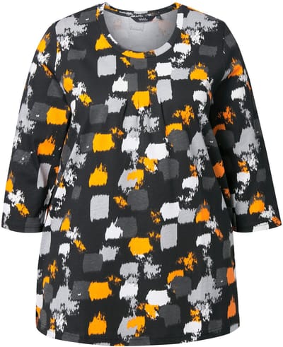 Ulla Popken - Dames - Shirt grafische print A-lijn ronde hals 3/4-mouw - Zwart - Maat 42+