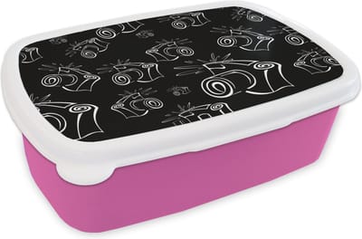 Broodtrommel Roze - Lunchbox - Brooddoos - Camera - Patronen - Zwart Wit - 18x12x6 cm - Kinderen - Meisje