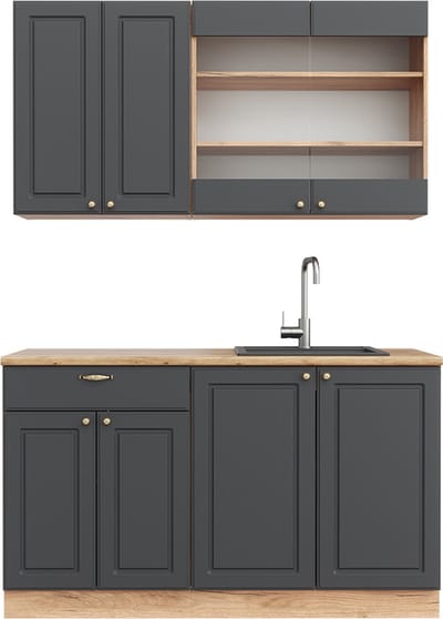 Vicco Fame-Line Eenpersoonskeuken – 140 cm, WB Eik Antraciet Landhuis/Goud Kraft Eik