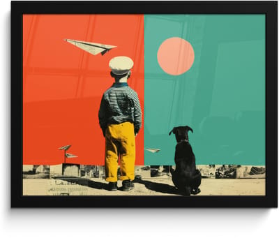 Poster in lijst - Fotolijst 40x30 cm - Posters - Retro - Jongen - Hond - Rood - Groen - Posterlijst zwart - Decoratie - Wanddecoratie woonkamer - Muurdecoratie slaapkamer