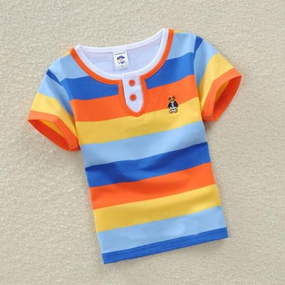 Kinderkleding Kinderkleding Jongens Zomer T-shirt met korte mouwen Dubbele kraag Ronde hals Gestreept Nep tweedelig Borduurwerk Koreaanse versie 120cm