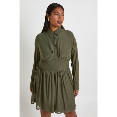 boohoo Dames Plus Mesh Skater Jurk met Kraag | Khaki | Maat: 16