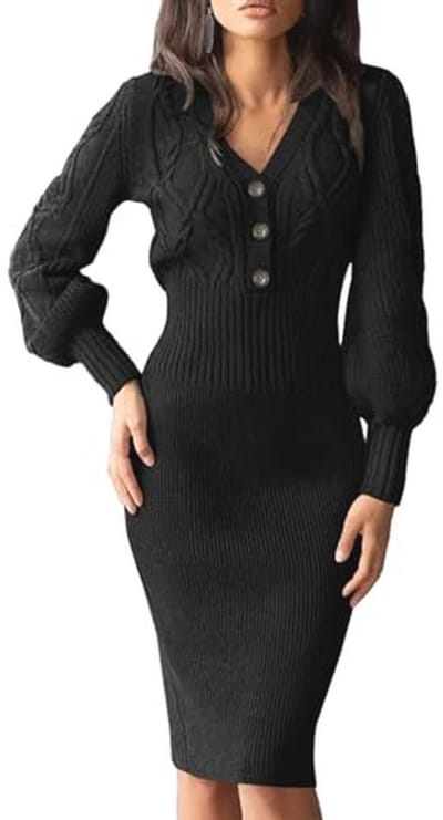 Elegante Dames Trui-jurk met Lange Mouwen en V-hals | Warme Midi-jurk voor Herfst en Winter