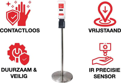Neilsen No Touch Desinfectie Zuil met sensor en automatische dispenser - incl batterijen en 1 liter 70% alcohol sanitizer handgel - desinfectie station - RVS roestvrij staal - 1.2 m hoog