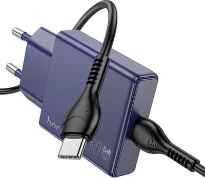 Hoco 30W Snellader met Kabel - Titanium Blue - Type C Kabel (1 Meter) Stekker - USB C Snel Oplader 30W