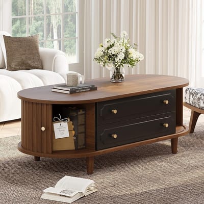 BLACKCOLORS 100 x 50 x 36 cm, salontafel, kleur notenhout. Salontafel met twee lades, salontafel met schuifdeur, bijzettafel, salontafel met 4 poten, kleur notenhout + zwart