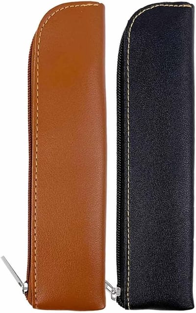 2 Pcs Echt Leer Pennenzak Set - Slanke Rits Stationery Pouches voor Pennen en Potloden - Compact en Draagbaar Aesthetisch Ontwerp voor School - Kantoor en Reizen