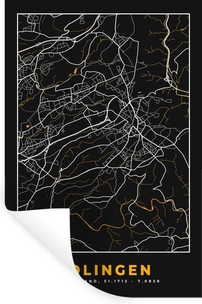 Muurstickers - Sticker Folie - Solingen - Goud - Stadskaart - Plattegrond - Duitsland - Kaart - 20x30 cm - Plakfolie - Muurstickers Kinderkamer - Zelfklevend Behang - Zelfklevend behangpapier - Stickerfolie