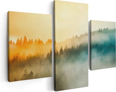 Artaza Canvas Schilderij Drieluik Kleurrijke Zonsopgang In Het Bos Met Mist - 90x60 cm - Wanddecoratie Woonkamer - Schilderijen - Muurdecoratie