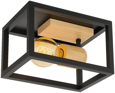 Plafondlamp Retro houten lamp zwart frame Plafondspot verstelbaar, metaal naturel kleur 1x E27, HxLxB 14,5x22x22 cm